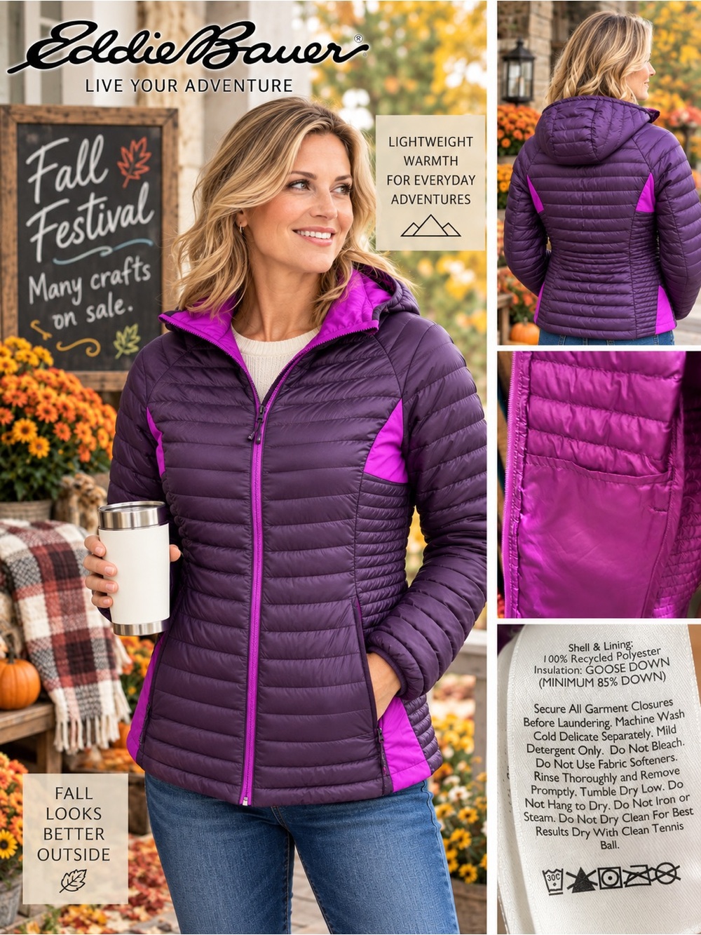 Eddie Bauer Women’s Goose Down Lightweight Puffer Jacket Purple Magenta